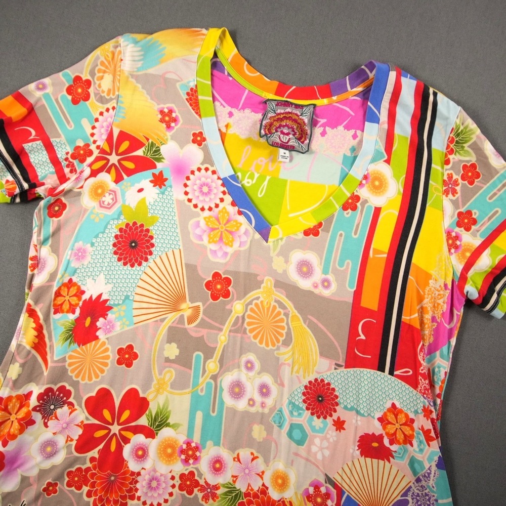 Johnny Was Crane Stripe Pride Multicolor Floral V-Neck T-Shirt Women M Bamboo